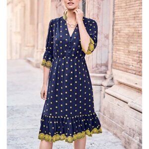 Boden Blue and Gold V-Neck Sundress with 3/4 Sleeves